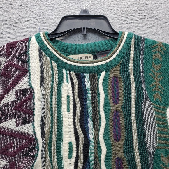 Le Tigre Sweater Mens L Multi Geometric 3D Knit Long Sleeve Crew Neck Pullover - Picture 8 of 12